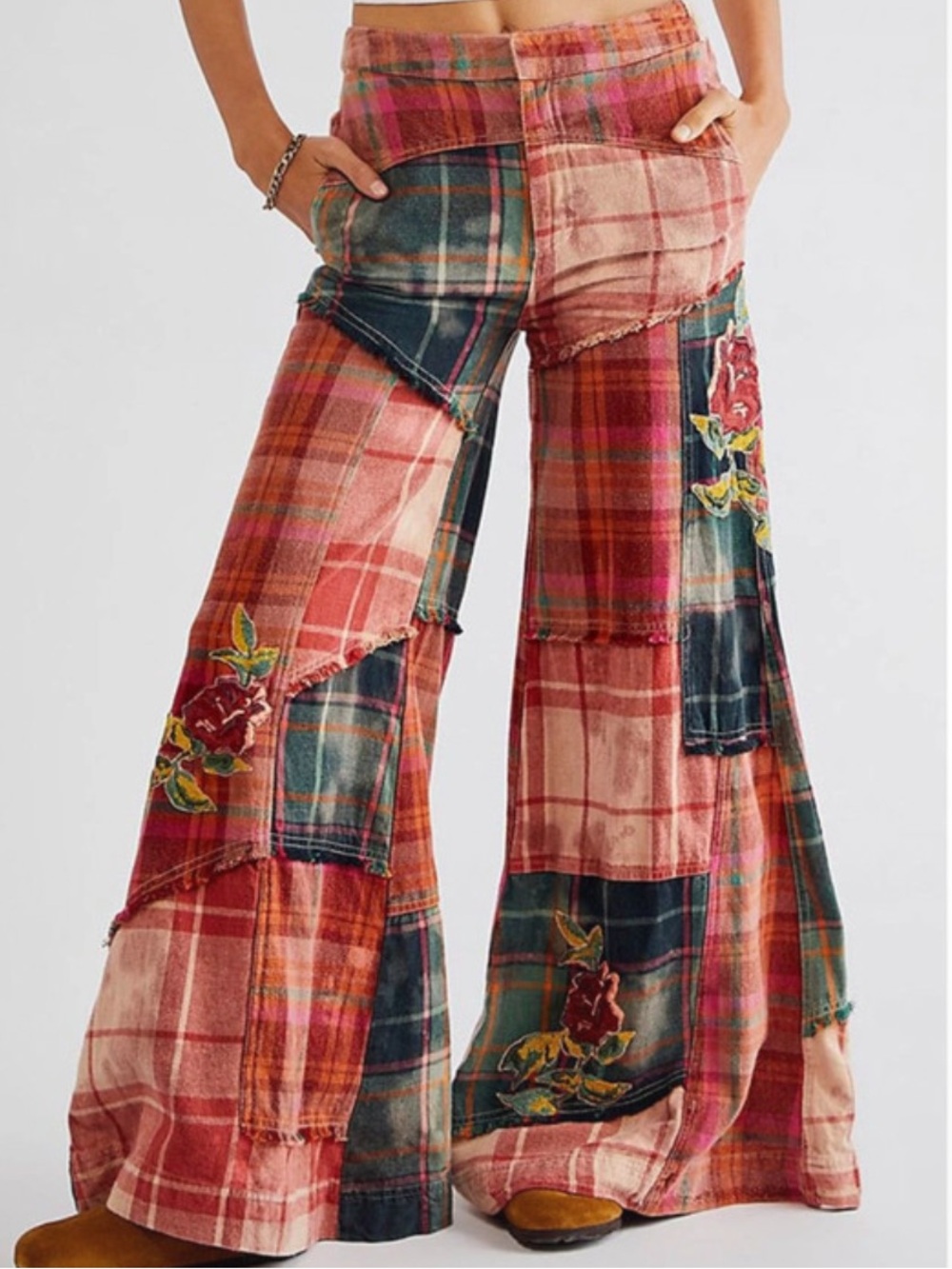 Free People Embroidered Wide-Leg Patchwork Pants